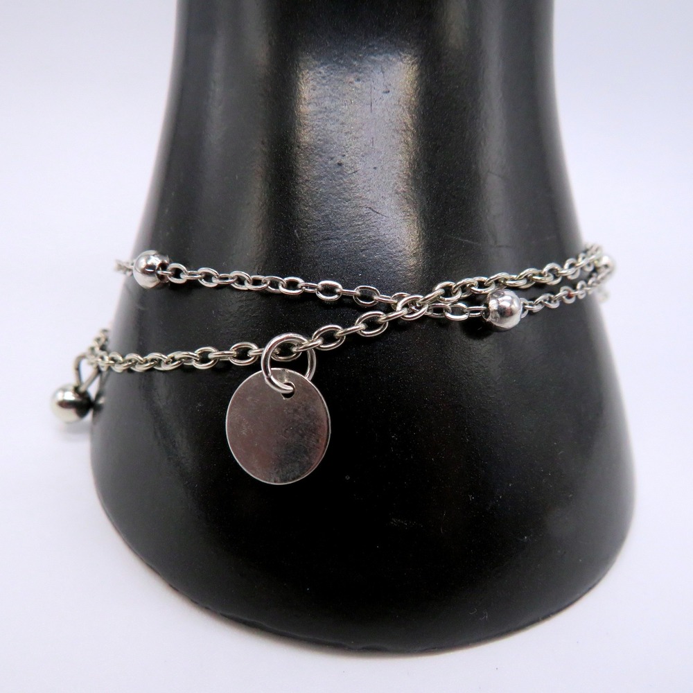 Silver Tone Double Strand Chain Bracelet with Orb Charms and Disc Pendant